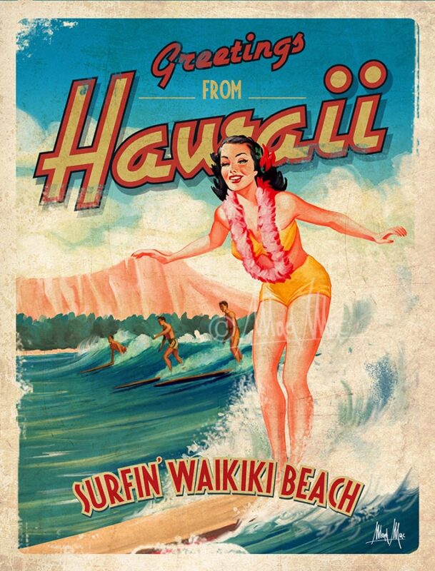 Digital: Vintage Hawaii surf travel poster