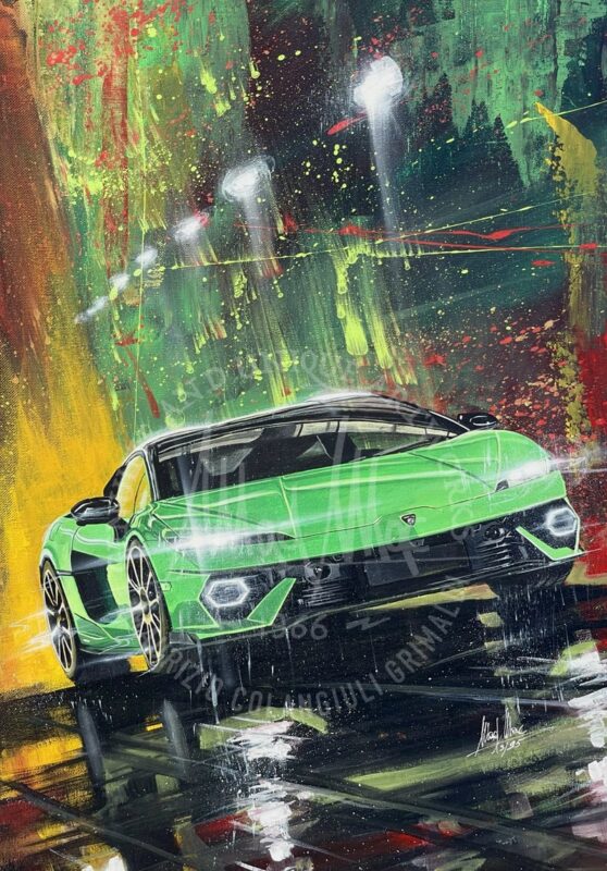 Lamborghini Temerario run in a urban background with lights, rain and reflections